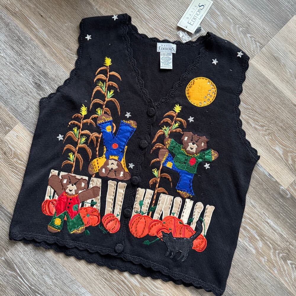 Vintage 90s Halloween Sweater Vest Grumpy Bears Pumpkins NWT XL